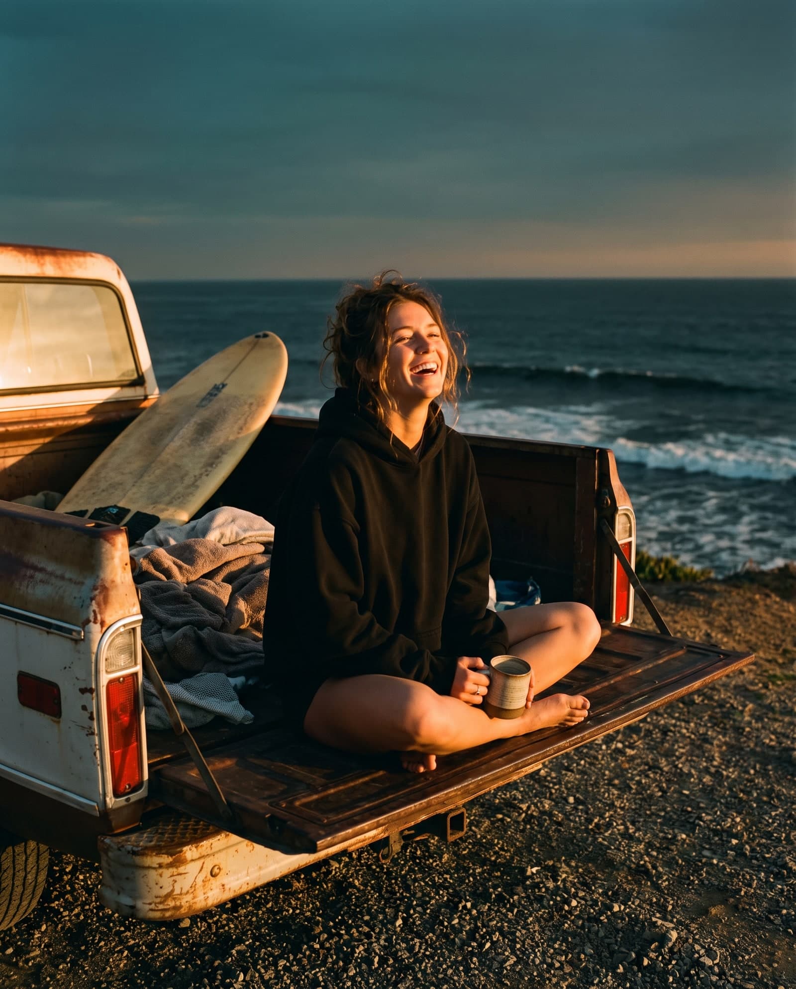 Woman in a black hoodie laughing on the tailgate of a truck at sunset