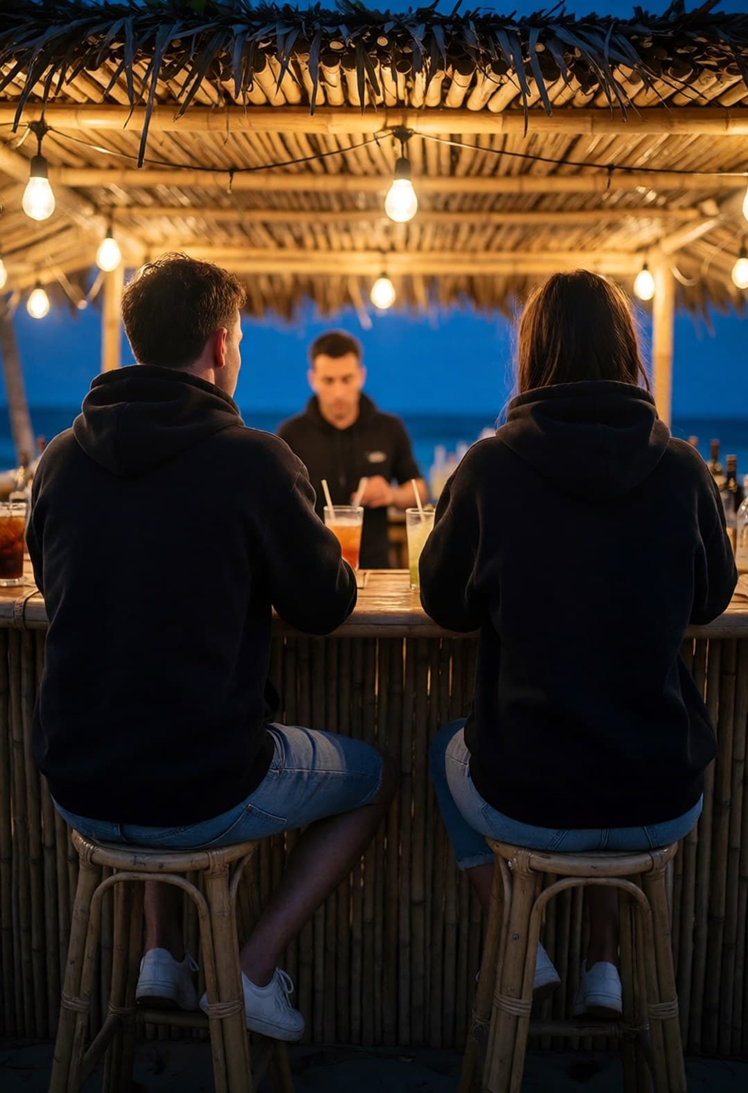 A black hoodie left across a bamboo beach bar counter under string lights