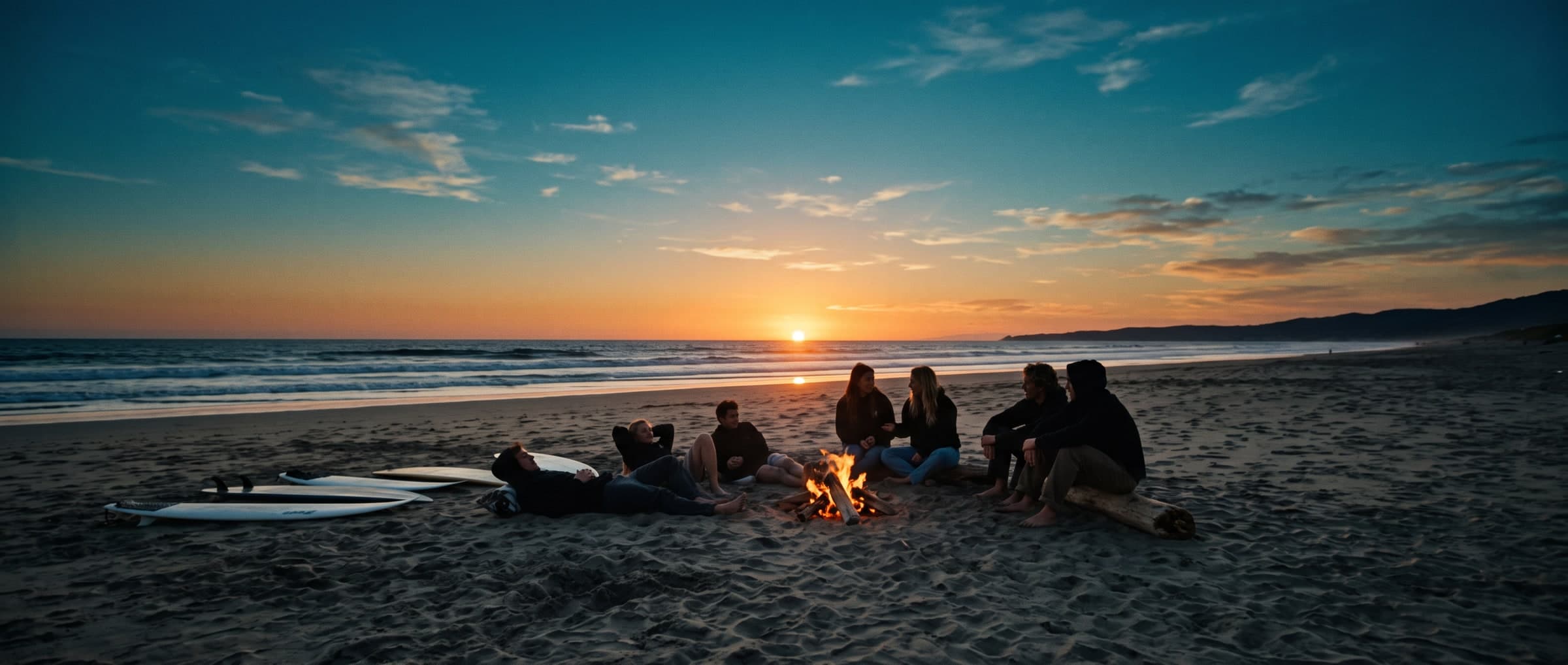 A group around a driftwood fire on an empty beach as the sun drops
